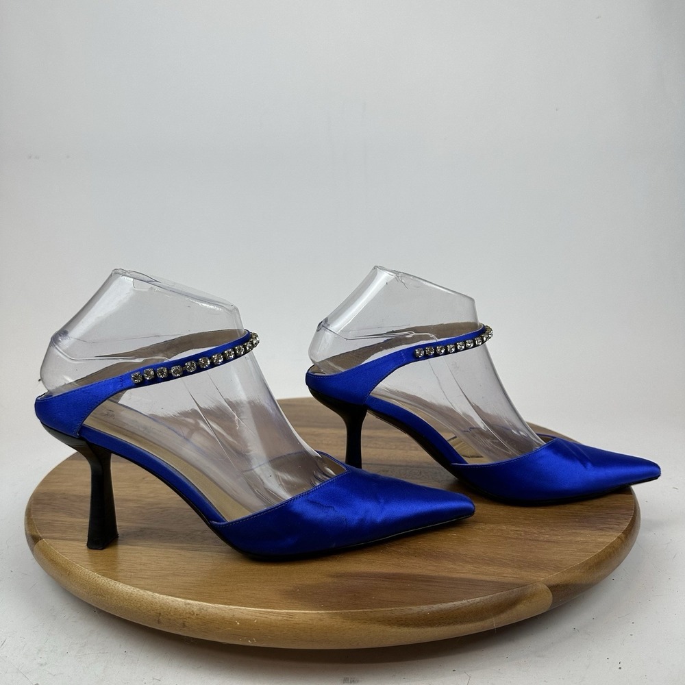 Womens By Far 80mm Alla Blue Satin Rhinestone Slip On Pumps Heels Size EU 37